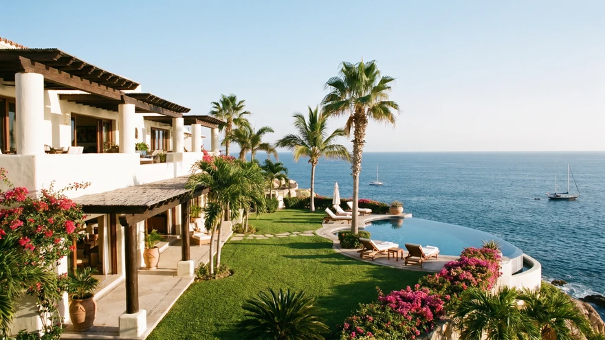 Private luxury villa with a manicured lawn overlooking the ocean on Mustique