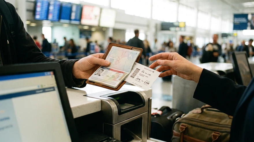 Passport and boarding pass being checked at an airline check-in counter