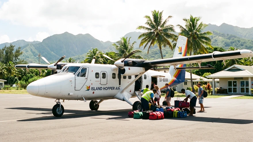 Small regional propeller plane being loaded with luggage on a Caribbean airport tarmac