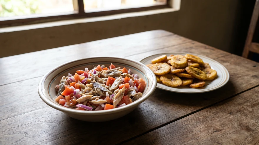Cold salt fish buljol salad served with fried plantains
