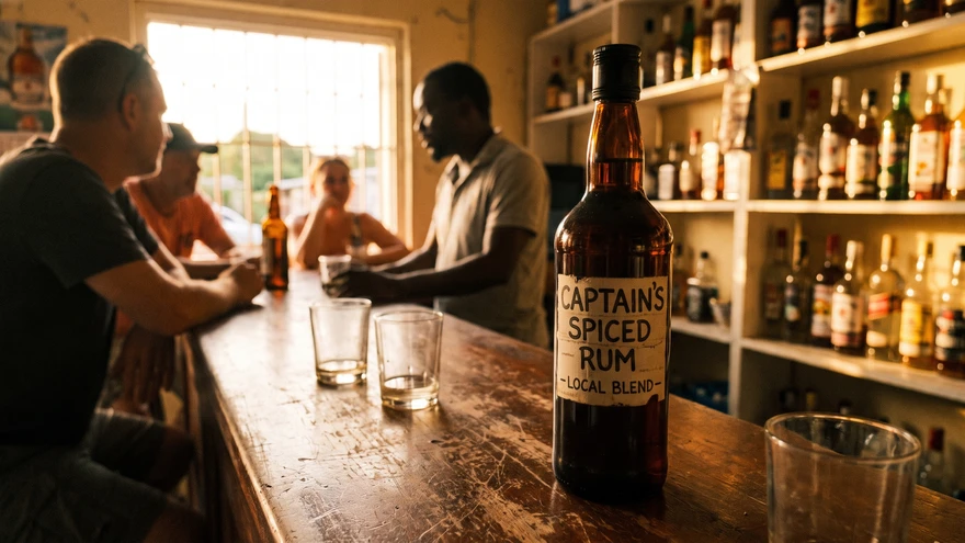 Bottle of local spiced rum on a wooden counter at a small St. Vincent rum shop