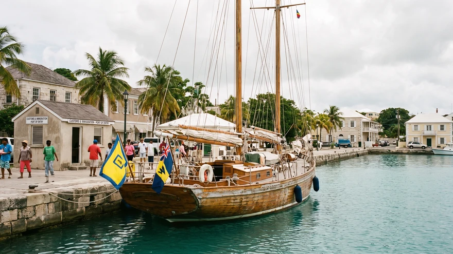 Sailboat docked at a small customs clearance port in St. Vincent