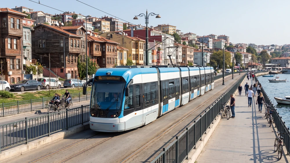 The T5 Golden Horn tram running along the waterfront toward Fener and Balat