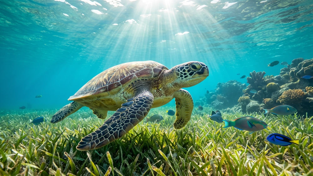 Green sea turtle swimming near Tamarindo Beach's seagrass beds in Culebra