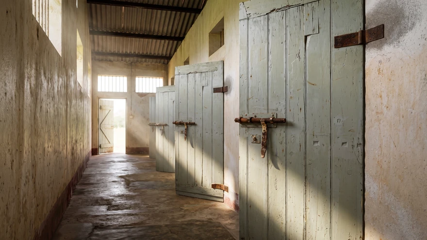 Corridor lined with wooden cell doors inside the Tarrafal concentration camp cell block