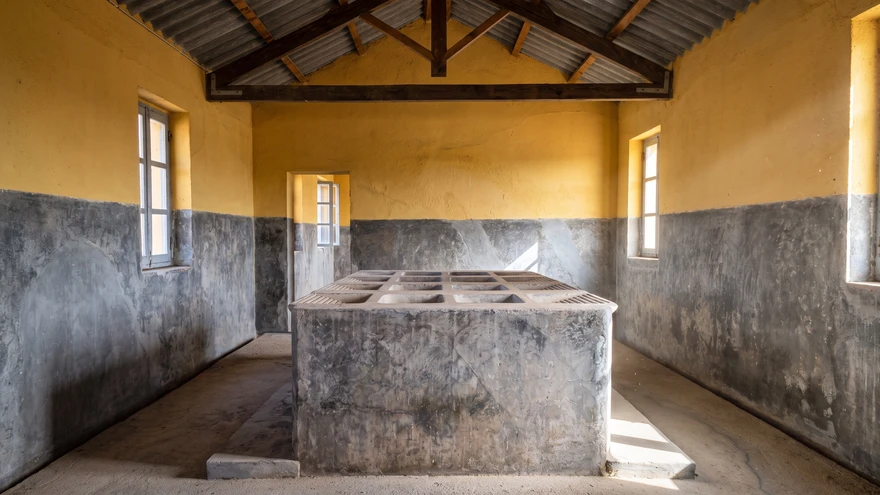 Concrete cistern water tank inside a building at the Tarrafal concentration camp, Cape Verde