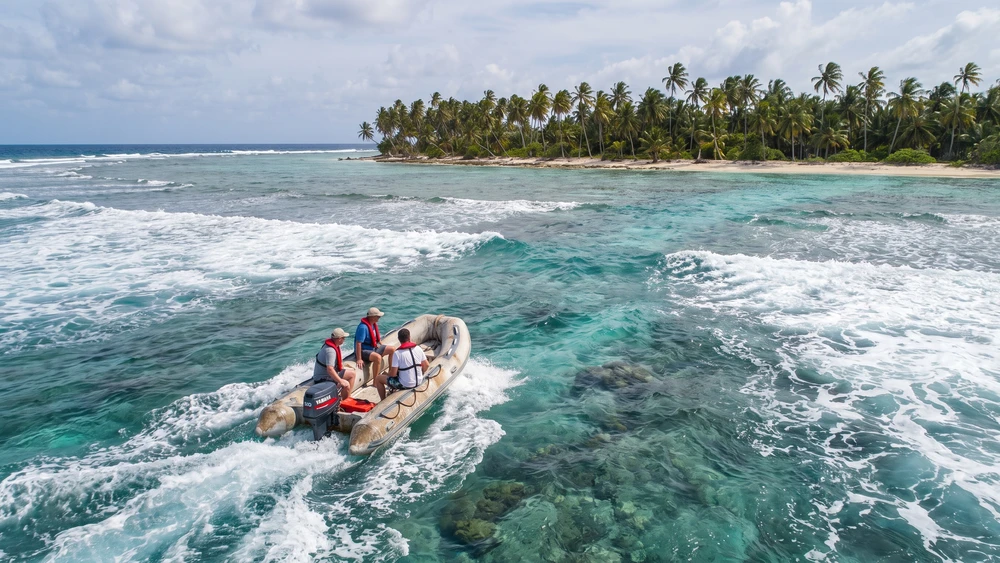 Tender boat crossing the reef channel to a Tokelau atoll