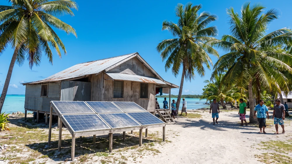 Solar panels powering a village house on a Tokelau atoll