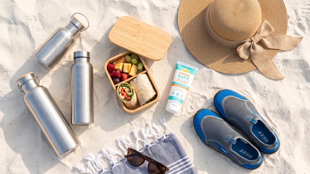 Packed essentials for a self-sufficient day trip to Direction Island including water, food, and sun protection