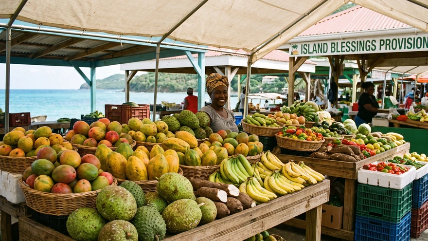 Fresh produce market stall on Union Island with tropical fruit and vegetables