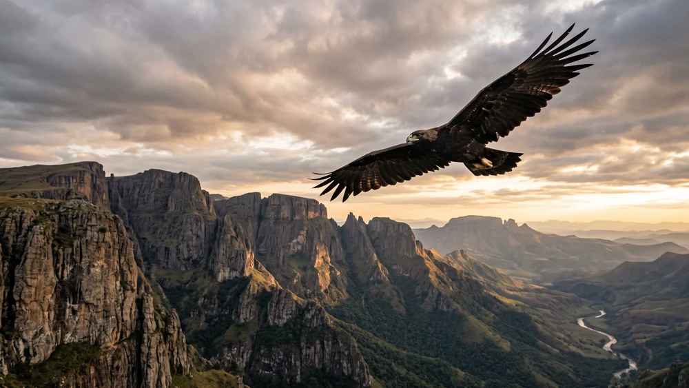 Verreaux's Eagle soaring above the cliffs of the Kogelberg Biosphere Reserve near Rooiels