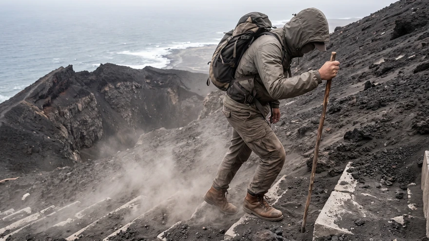 Hiker climbing a steep volcanic slope of loose pumice stones near a crater rim