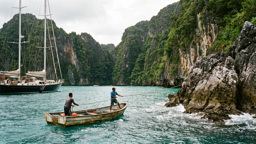 Local boatman helping run a stern line from an anchored yacht to the shore at Wallilabou Bay