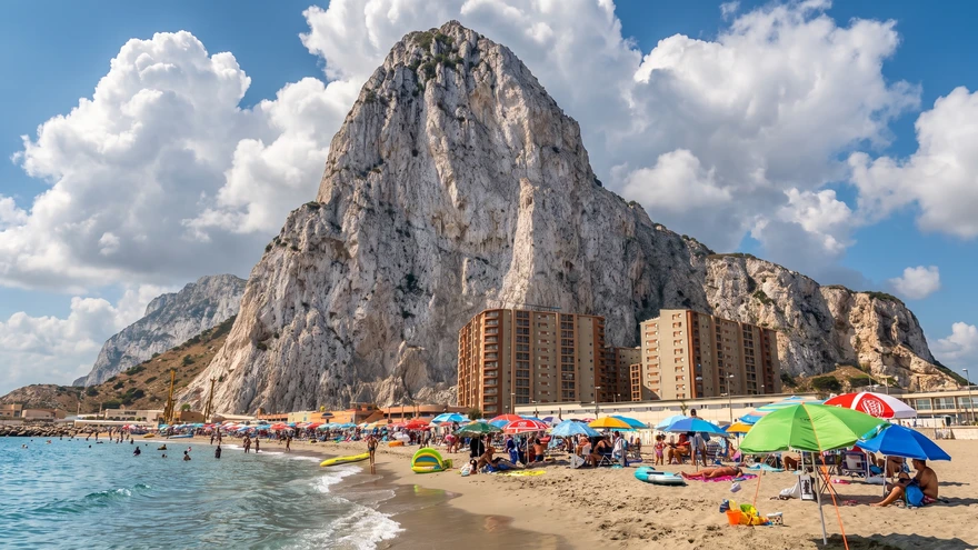 Crowded Western Beach in Gibraltar with the Rock rising behind sunbathers and umbrellas